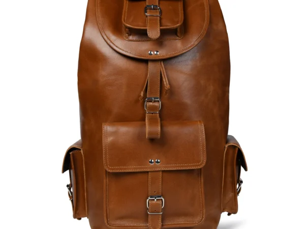 Vintage full-grain buffalo leather travel backpack in brown with adjustable straps