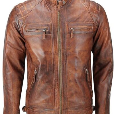 Men's vintage distressed brown leather biker jacket with quilted shoulder panels, zip pockets, and a stand collar.