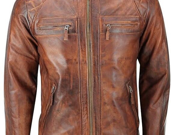 81zhKVNmTeL._AC_SX569_ Men's vintage distressed brown leather biker jacket with quilted shoulder panels, zip pockets, and a stand collar.