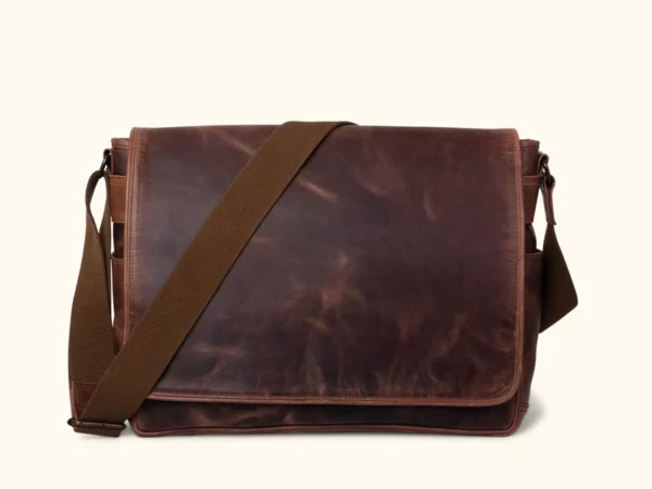 Roosevelt Large Legacy Leather Messenger Satchel in vintage brown with trolley strap and shoulder pad.
