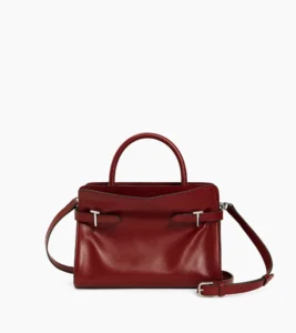 TEMI16M1R11-1 Medium structured burgundy leather handbag featuring both smooth leather and nubuck, black top handles, silver hardware, and a detachable crossbody strap.