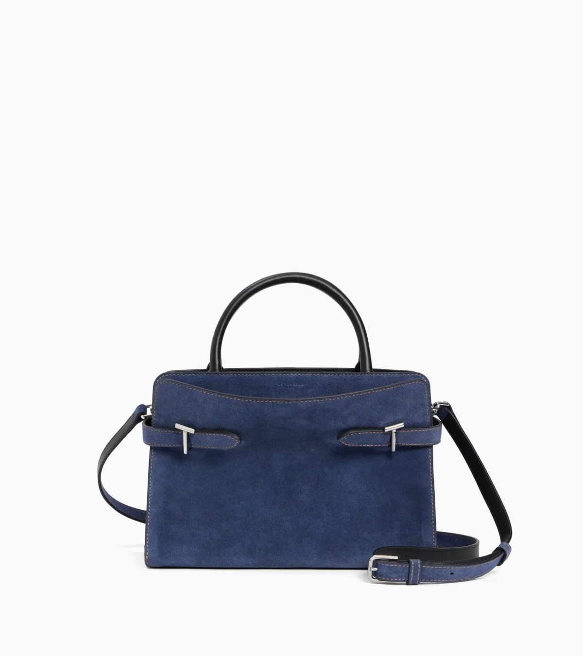 Medium denim-effect suede leather handbag in blue with black top handles, silver hardware, and a detachable crossbody strap.