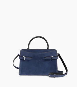 Medium denim-effect suede leather handbag in blue with black top handles, silver hardware, and a detachable crossbody strap.