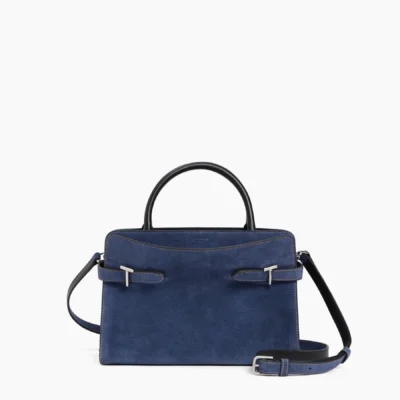 Medium denim-effect suede leather handbag in blue with black top handles, silver hardware, and a detachable crossbody strap.