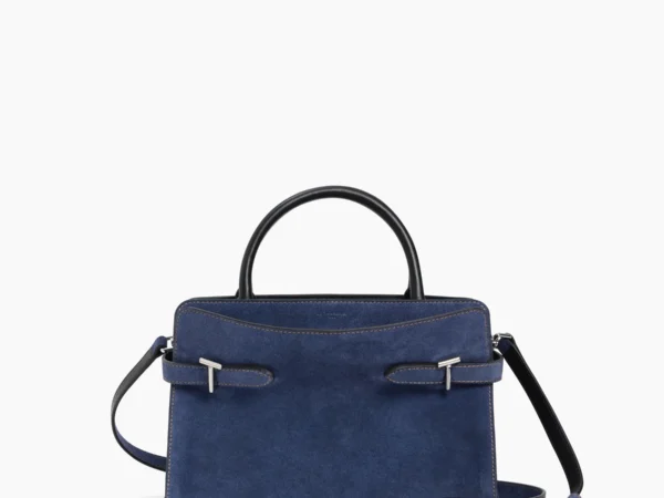 TEMI16M5Q82-1 Medium denim-effect suede leather handbag in blue with black top handles, silver hardware, and a detachable crossbody strap.