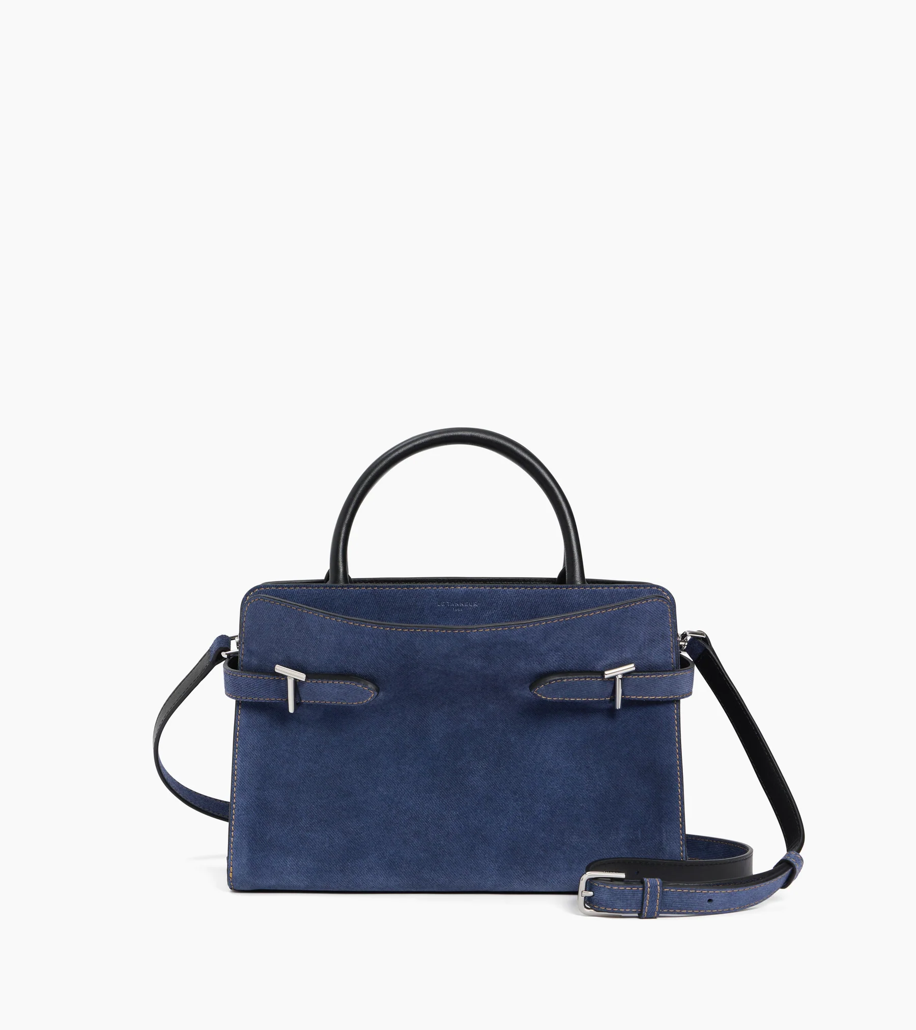 Medium denim-effect suede leather handbag in blue with black top handles, silver hardware, and a detachable crossbody strap.