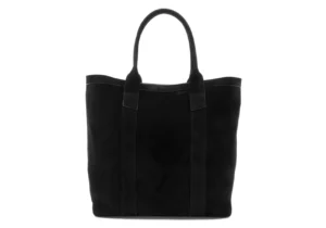 Large Black Nubuck Leather Tote Bag with rolled handles, buffed and polished edges, and solid brass zipper hardware.
