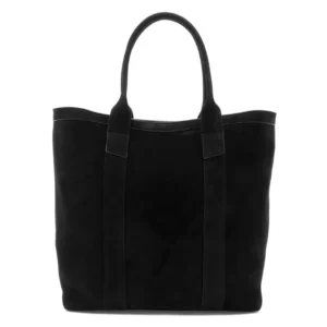 Large Black Nubuck Leather Tote Bag with rolled handles, buffed and polished edges, and solid brass zipper hardware.