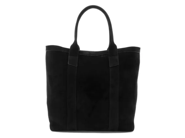 Large Black Nubuck Leather Tote Bag with rolled handles, buffed and polished edges, and solid brass zipper hardware.
