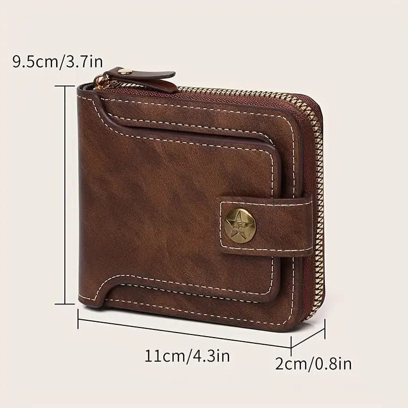 Brown premium leather men’s wallet with dual zipper pockets and snap closure