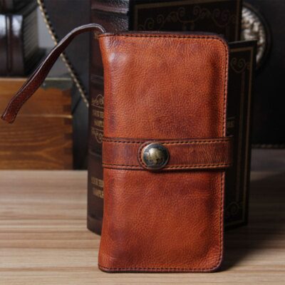 Vintage Brown Leather Multi-Slot Wallet with Zipper Pocket